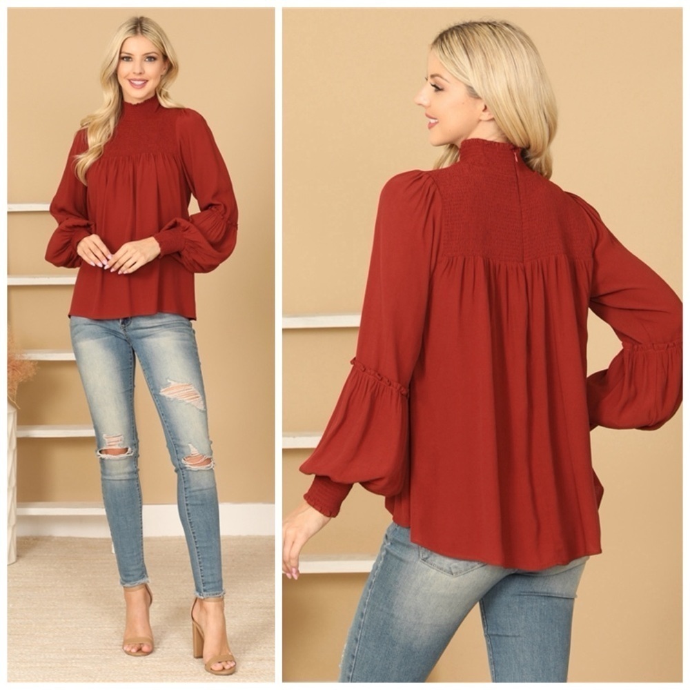 LAST 1! BRICK SHIRRED HIGH OVERSIZED NECK PUFF SLEEVE SOLID TOP! - Picture 1 of 6